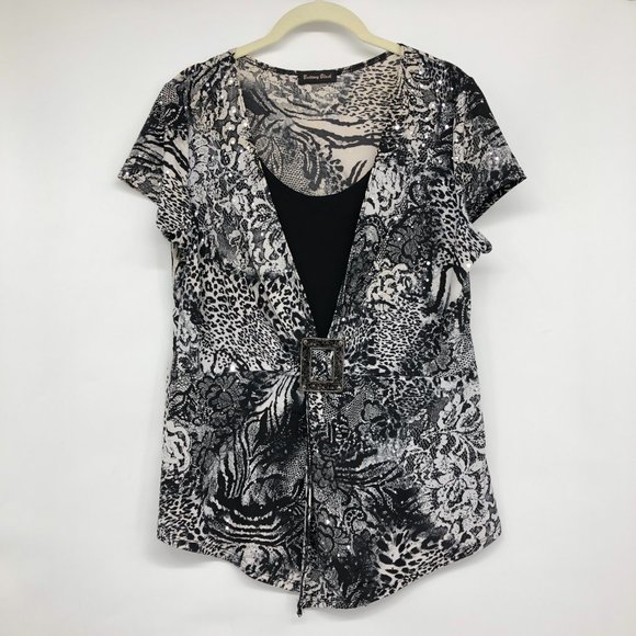 Brittany Black Grey Short Sleeve Abstract Layered Blouse size XL - Picture 16 of 16